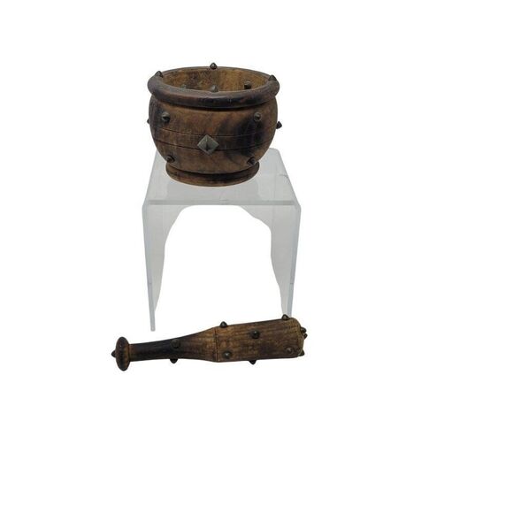 Vtg 1970s Wooden Mortar &‎ Pestle Spike Studded Primitive Medieval Renaissance - Picture 2 of 16